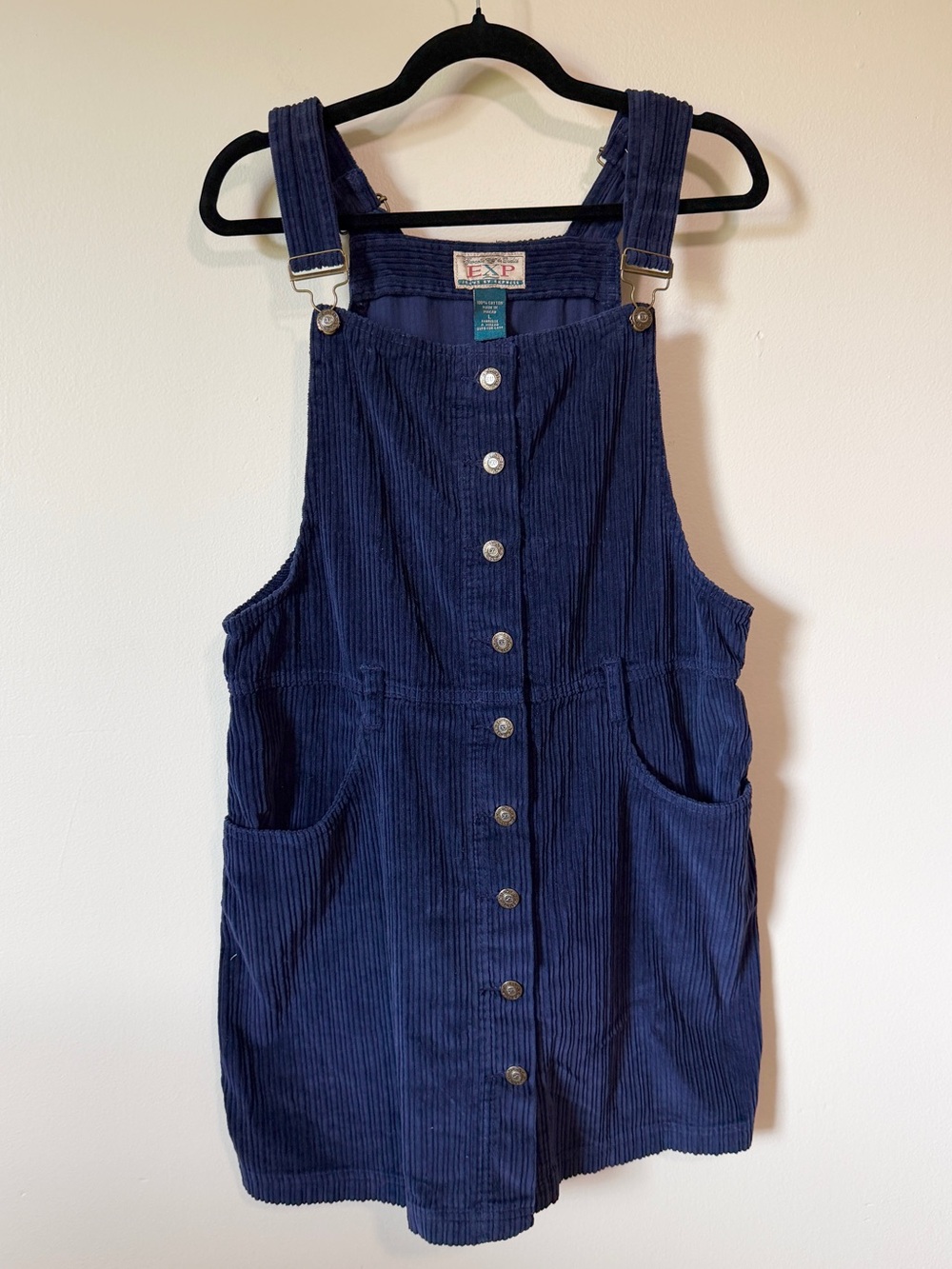 granola girl 90s navy corduroy overall button dress w/ pockets size M/L 💯 cotton
